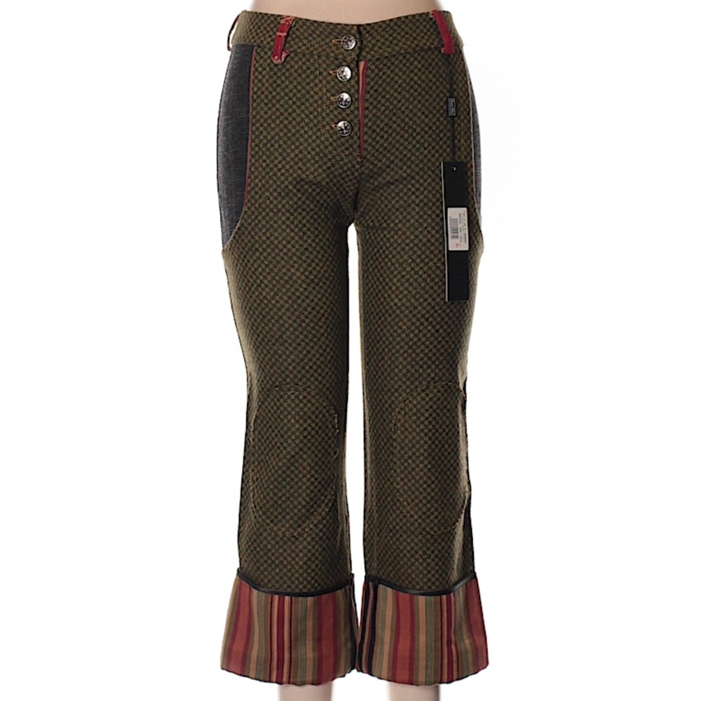 Olive Patterned Cropped Pants with Striped Hem